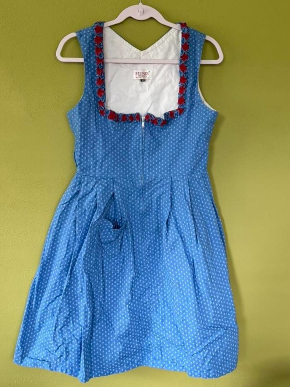 Authentic Steindl Trachten German Dress Blue with Red Trim Details Oktoberfest